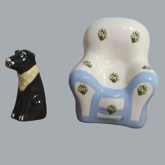 Dog on Couch Ceramic Salt & Pepper Shakers Floral Sofa Set