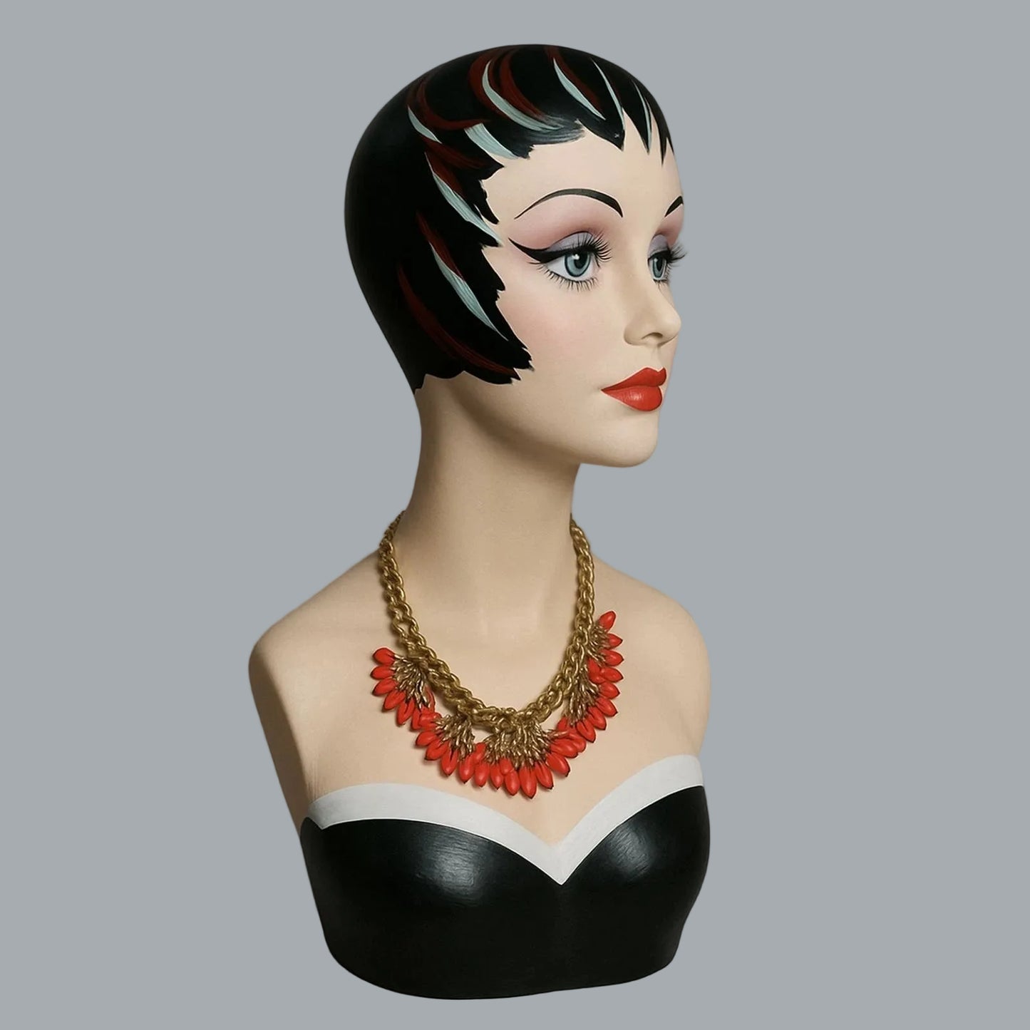 Stella & Dot Gold Tone Coral Red Fan Statement Necklace Chunky Chain