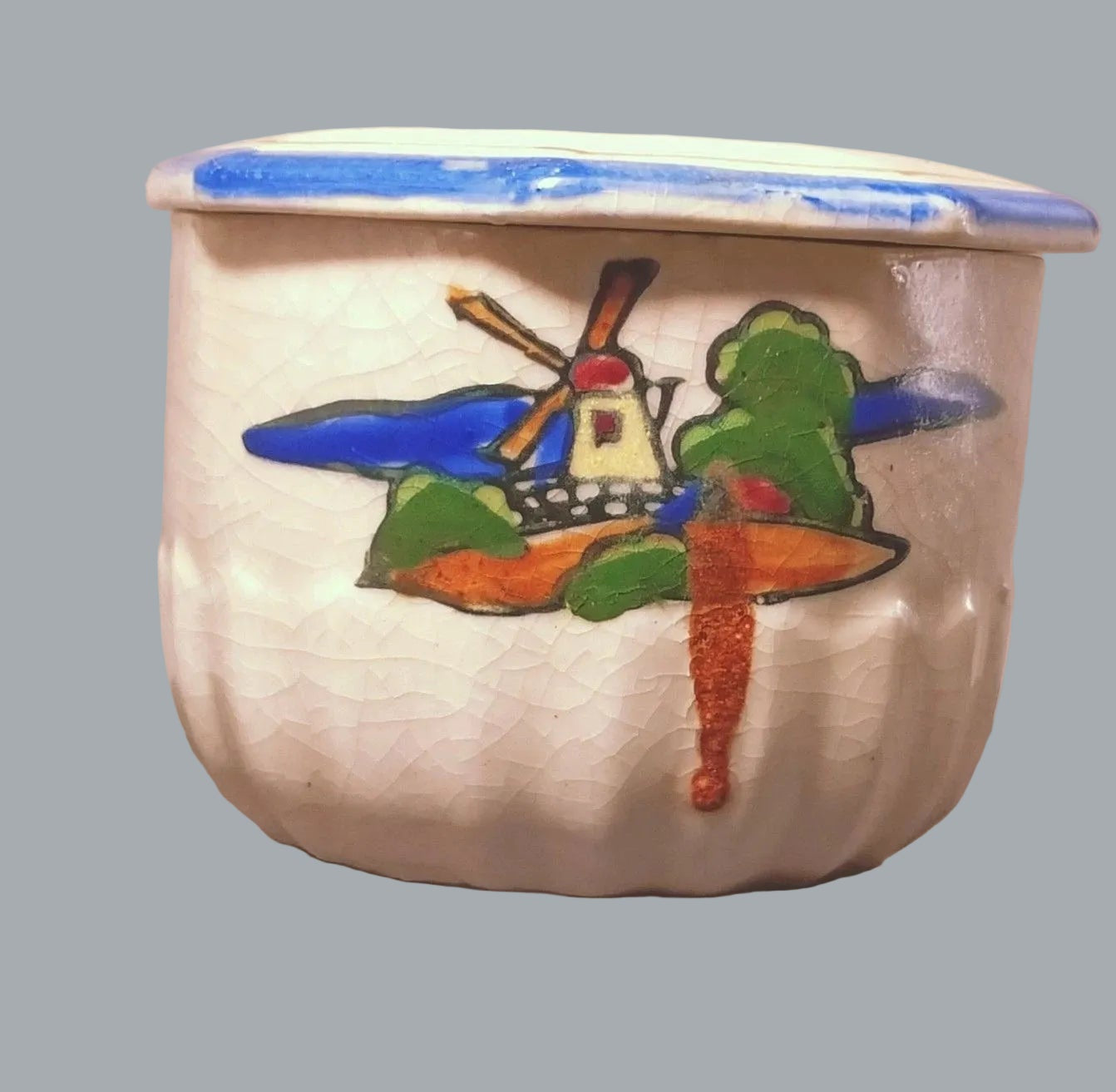 Vintage Delft Style Windmill Trinket Box w/ Lid Crackle Glaze 3”