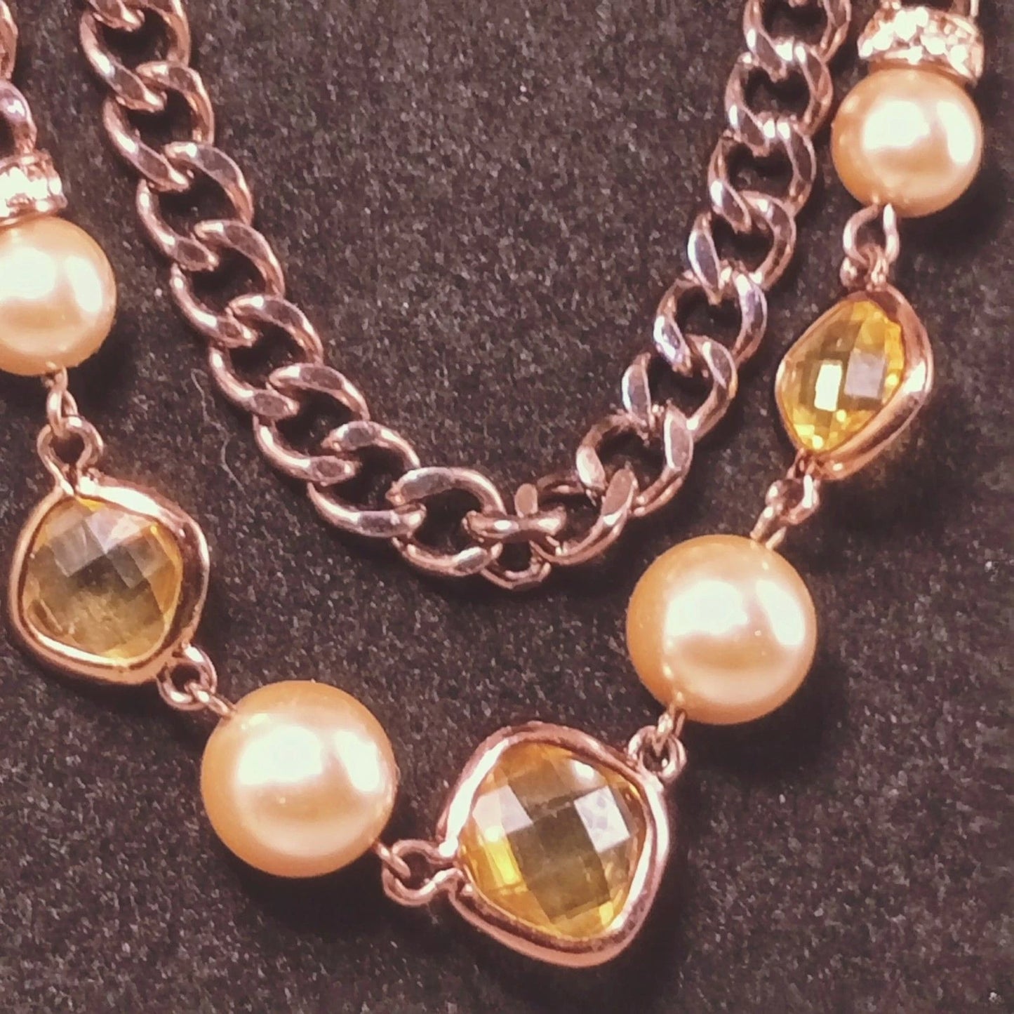 Vintage TRUDI Copper Tone Pearl Crystal Necklace Mid Century Signed