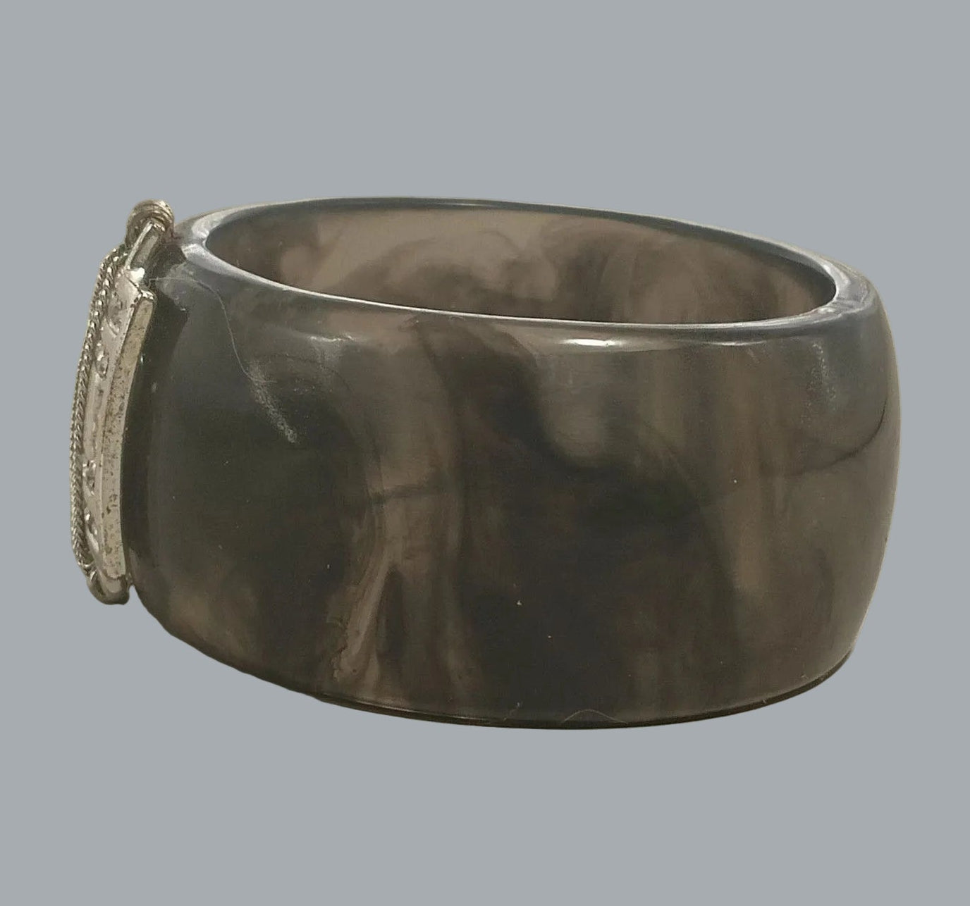 Chunky Gray Marble Lucite Bangle Bracelet Rhinestone Silver Tone Centerpiece