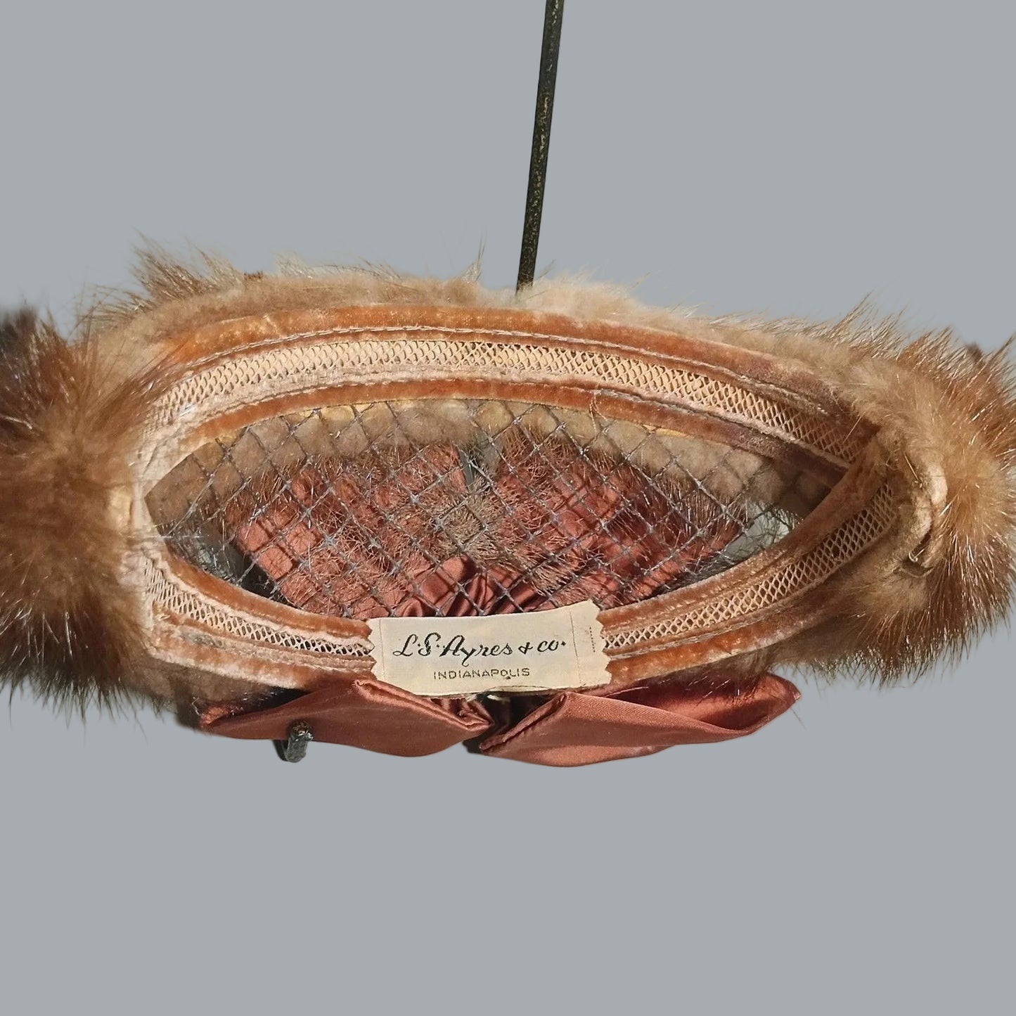 Vintage L.S. Ayres Fur Bandeau Hat Satin Bow & Veil Fascinator