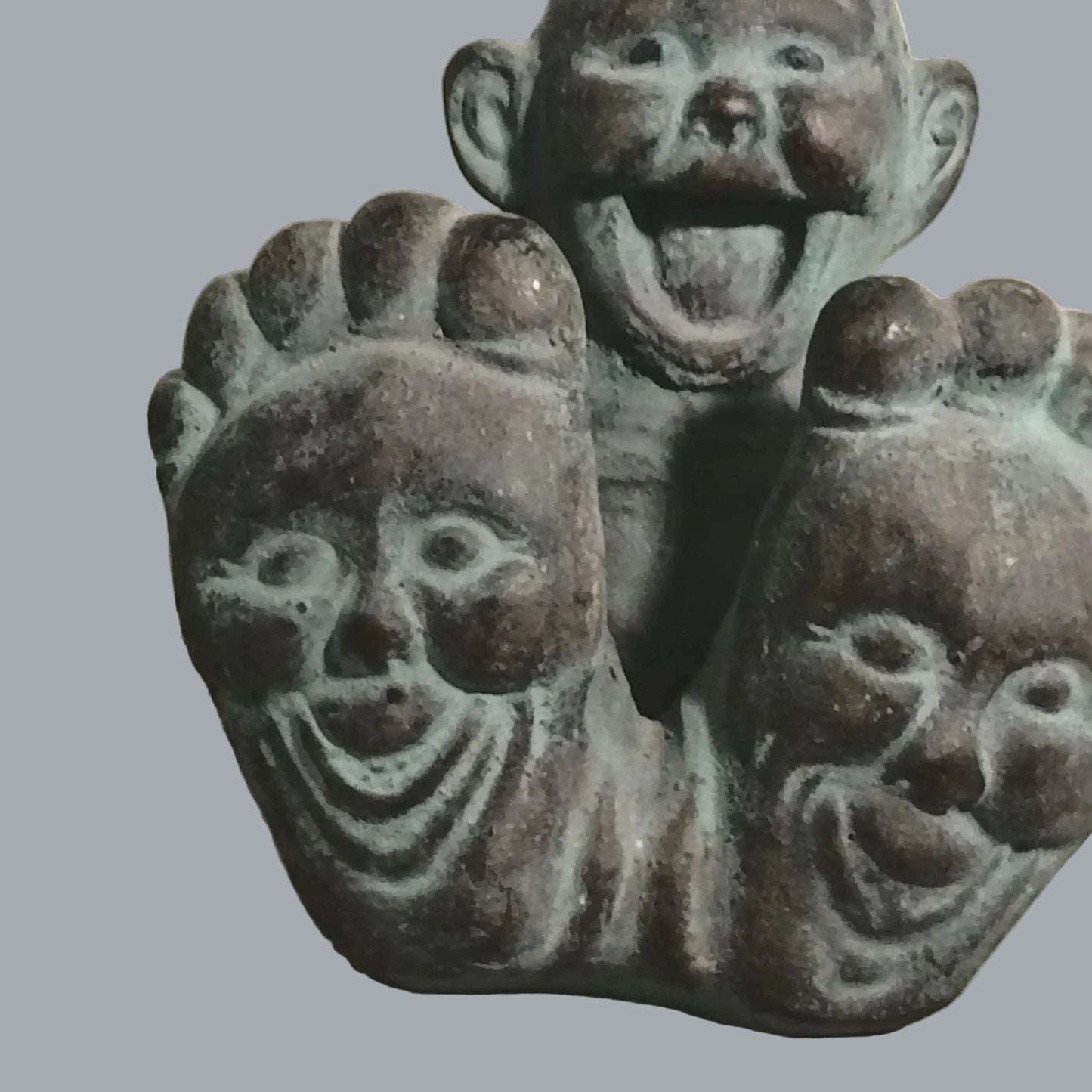 Vintage Whimsical Three-Face Feet Figurines Folk Art Patina Pair