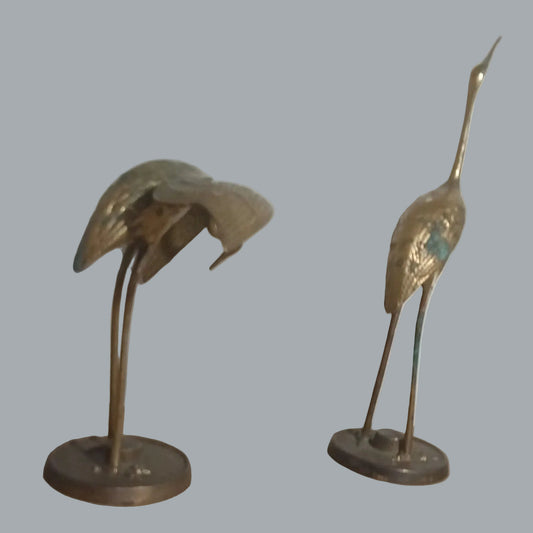 Vintage MCM Solid Brass Crane Heron Statue Pair 12.5" 7" Verdigris Patina