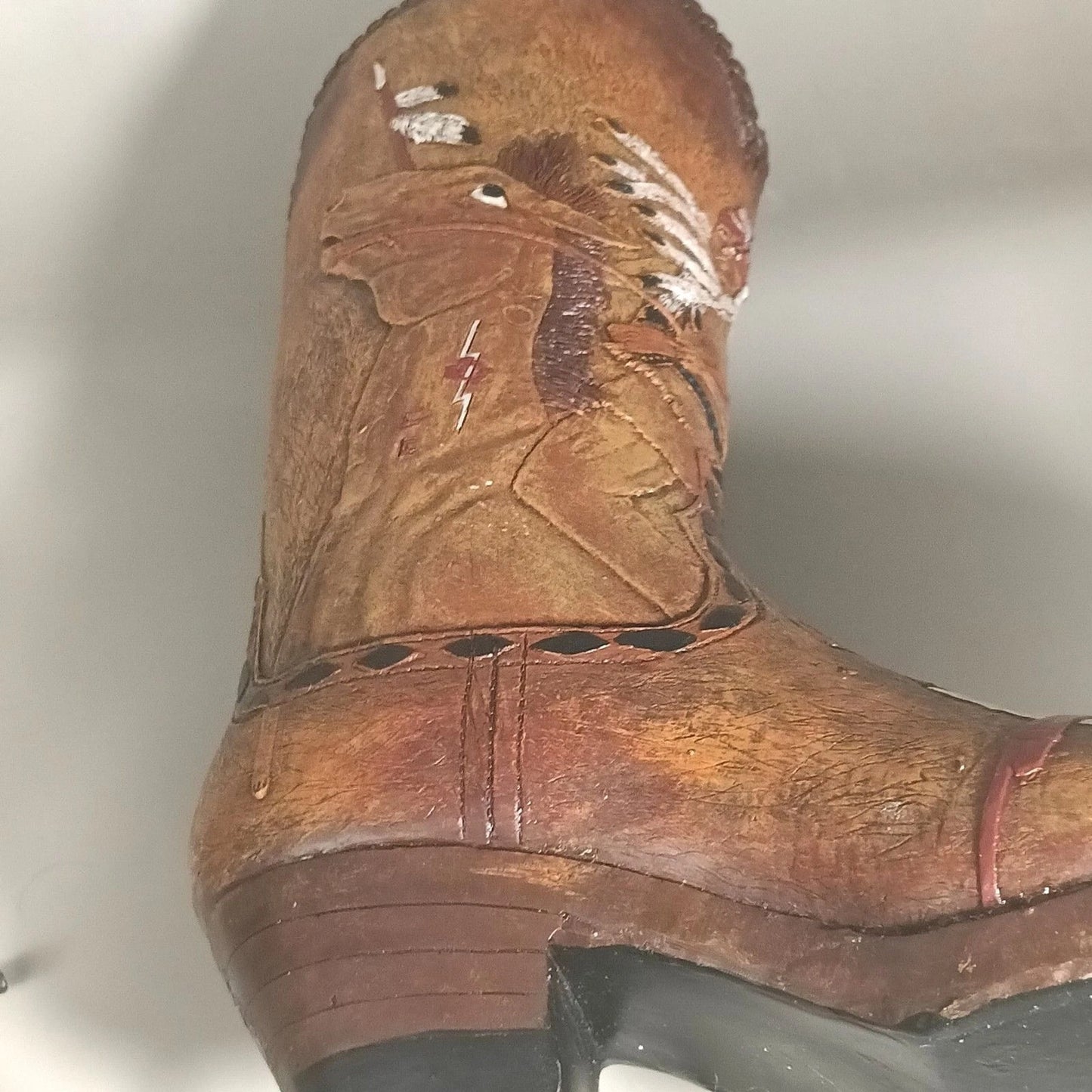 Western Cowboy Boot Vase Holder Native Rider Scene 9.5" Decor