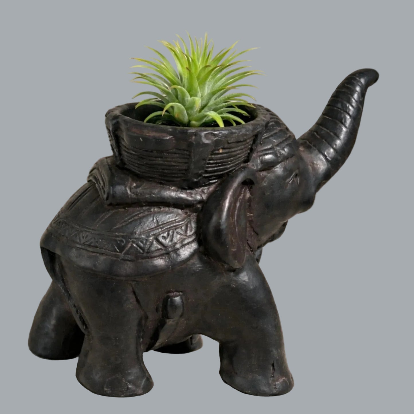 Vintage Elephant Basket Figurine Tribal Style Resin Safari Decor 5"