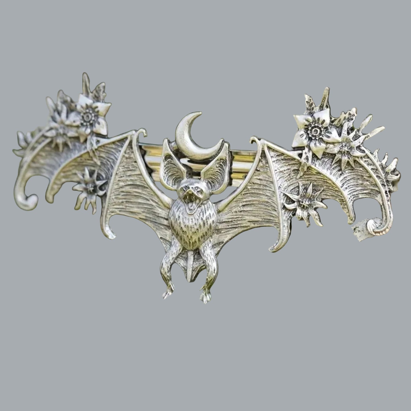 Bat Hair Barrette Silvertone Spread-winged Bat With a Detailed Body