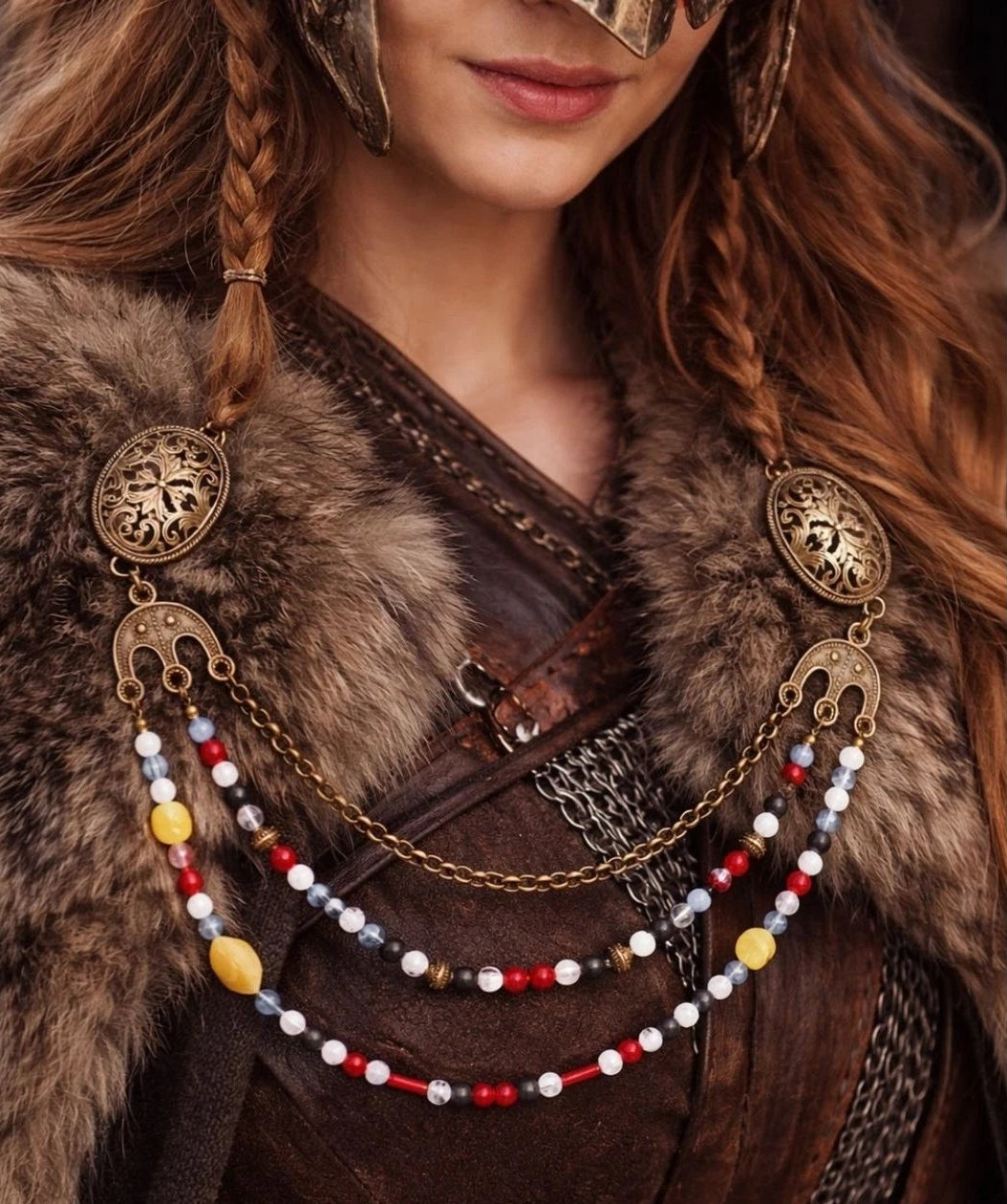Viking Oval Brooch Pair w/ Chain & Beaded Drapes Cloak Pins NWT