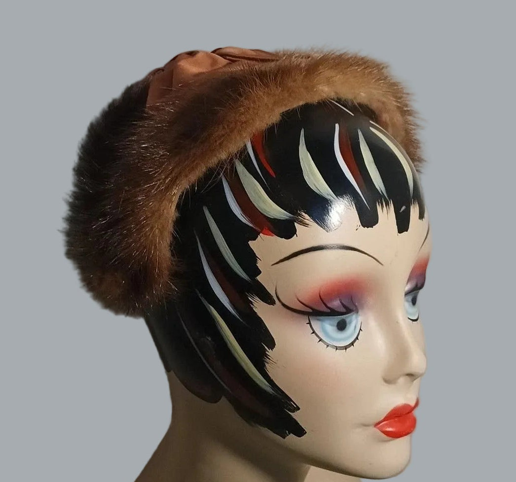 Vintage L.S. Ayres Fur Bandeau Hat Satin Bow & Veil Fascinator