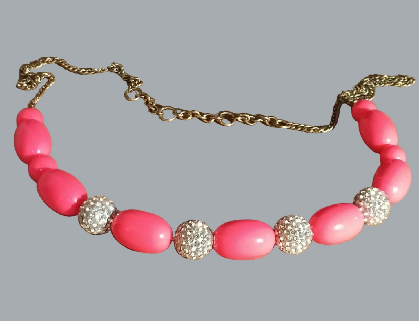 Hot Pink Bead & Rhinestone Ball Necklace 24" Gold Tone Chain Statement