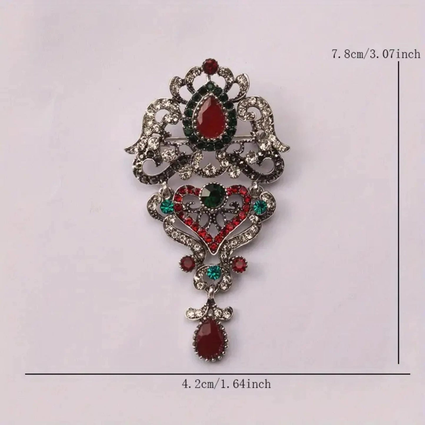Vintage Filigree Brooch – Silver-Plated with Red, Green & Clear Rhinestones