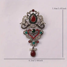 Load image into Gallery viewer, Vintage Filigree Brooch – Silver-Plated with Red, Green &amp; Clear Rhinestones

