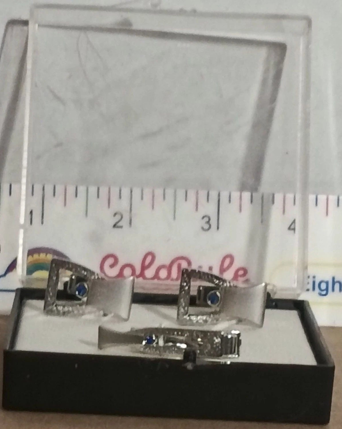 Mens Vintage Silver Tone Buckle Cufflinks Tie Clip Blue Rhinestone