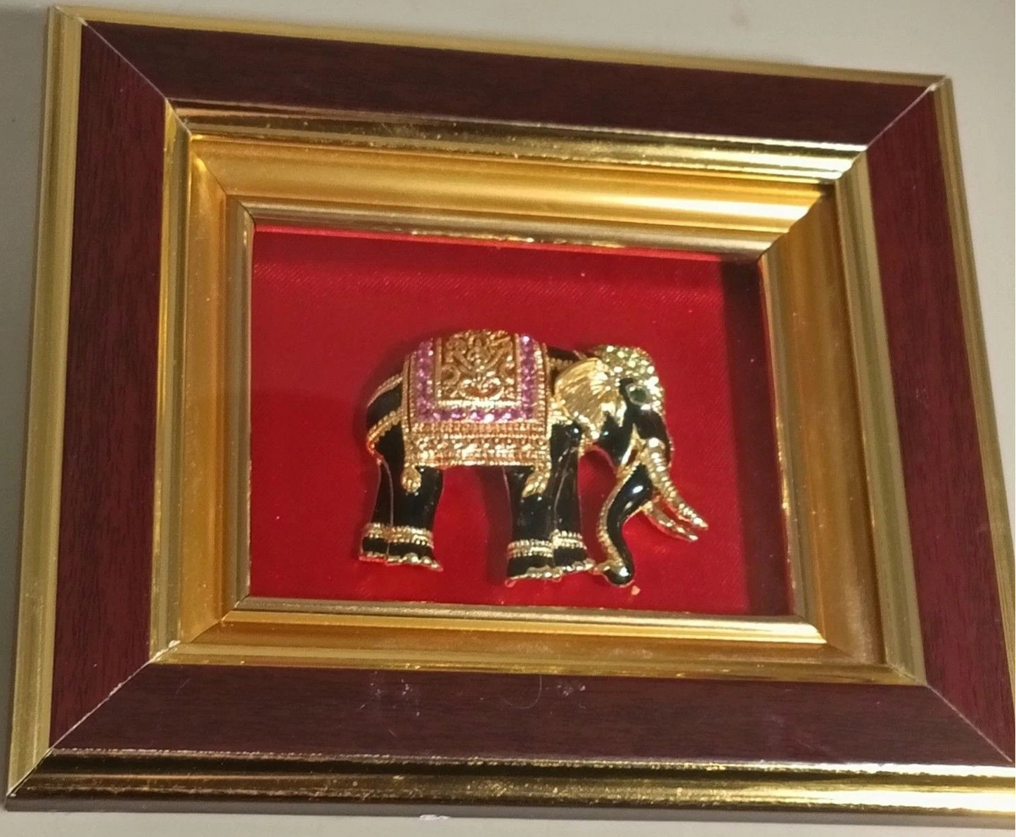 Vintage Jeweled Elephant Brooch Shadow Box Red Velvet Frame Decor