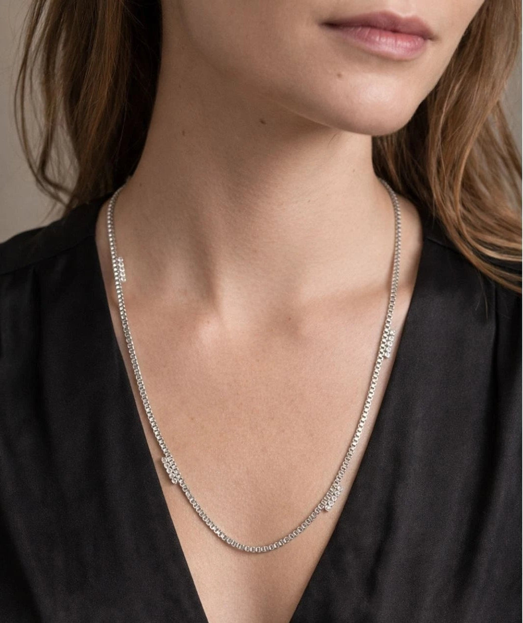 Ann Taylor 34" Silver Box Chain Necklace – Rhinestone Accent, Elegant Style