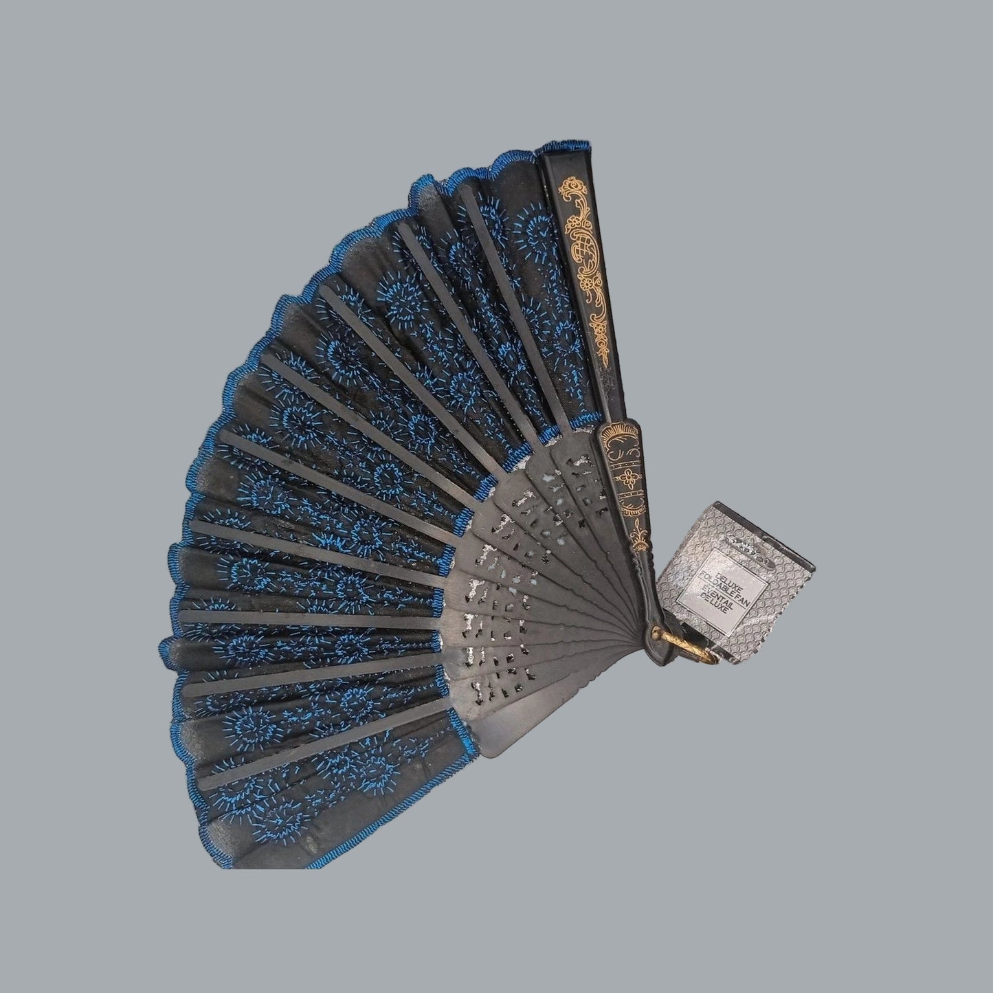 Exquisite Chinese Peacock Sequin Folding Hand Fan Black, Blue & Golden NWT