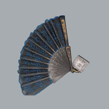 Load image into Gallery viewer, Exquisite Chinese Peacock Sequin Folding Hand Fan Black, Blue &amp; Golden NWT
