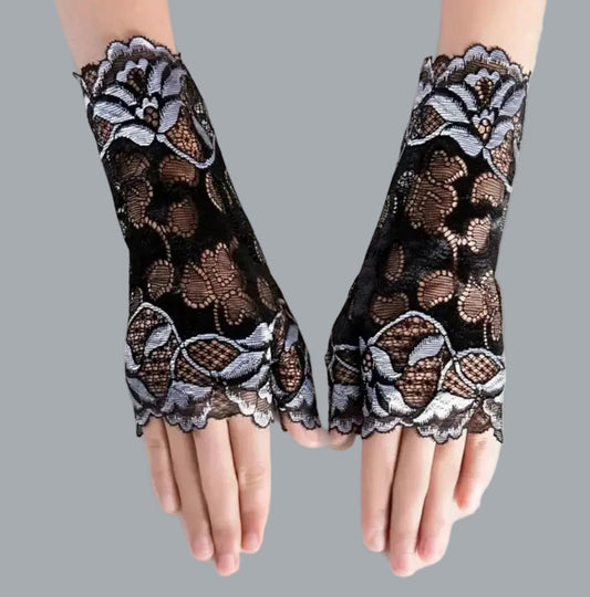 Elegant Lace Fingerless Gloves for Women Black & Gray
