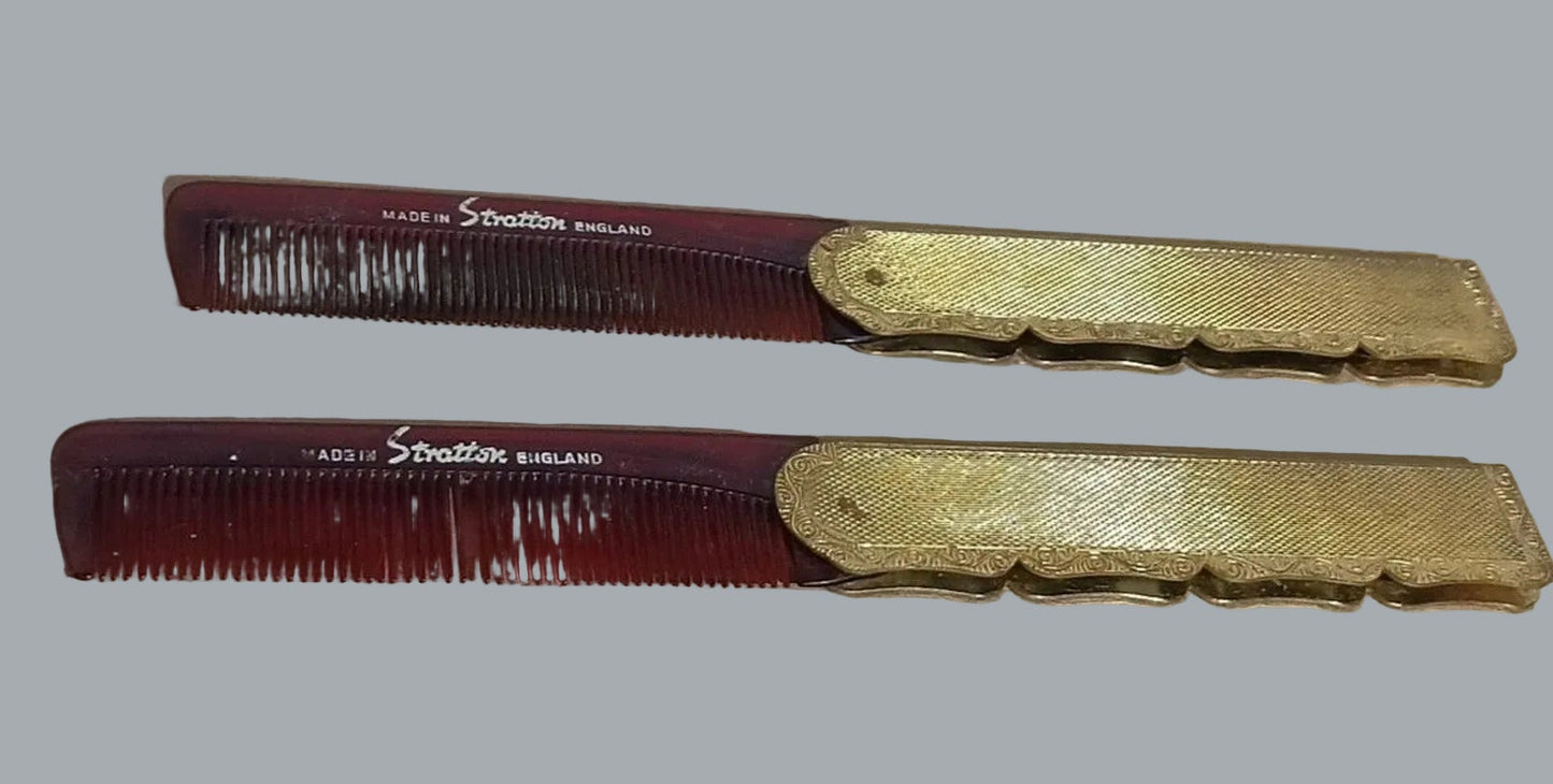 2pc Stratton England Folding Pocket Comb Set Gold-Tone Case 1 Tooth Missing
