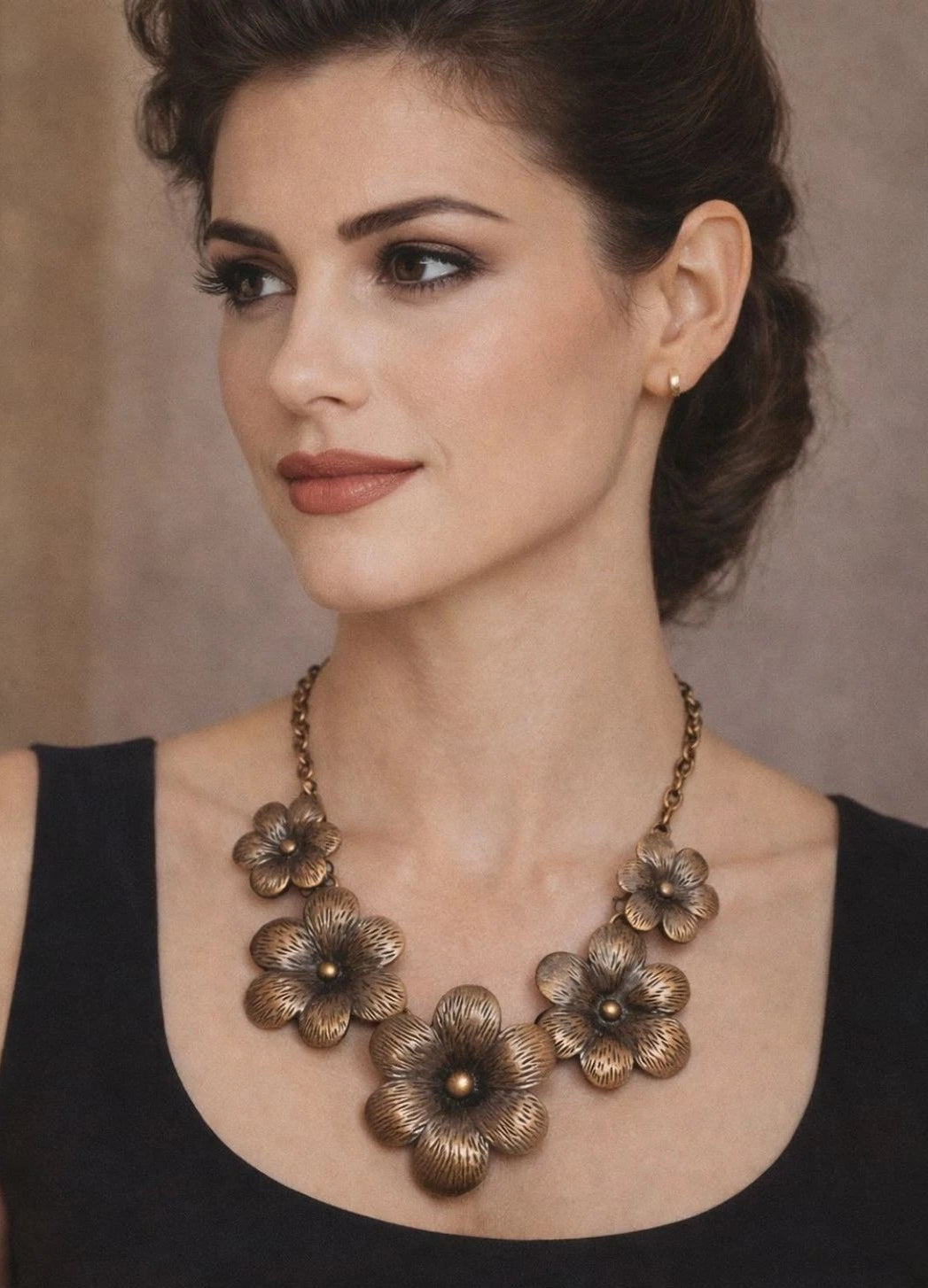 Floral Bib Necklace Metal Flower Statement Choker 12” + 3” Extender Chain