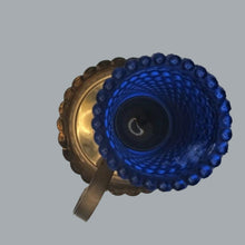 Load image into Gallery viewer, Pair of Vintage Brass Candlestick Holders &amp; Blue Hobnail Glass Hurricane Shades
