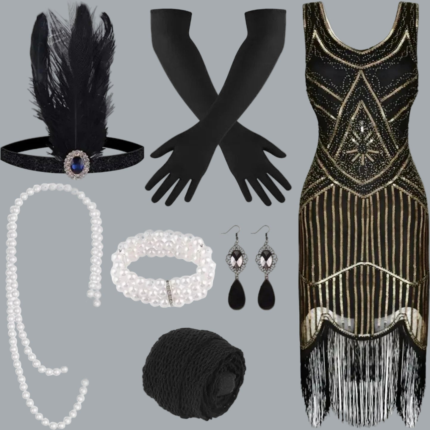 1920s V-Neck Sequin Beaded Fringed Dress Black Golden XL with 20s Accessorie Set