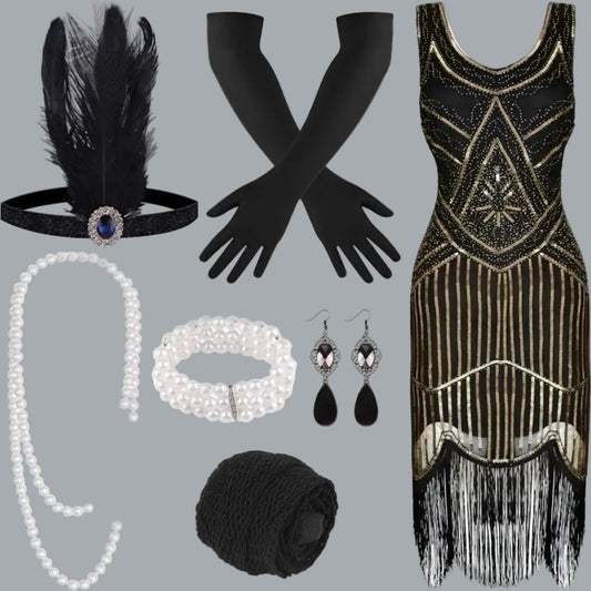 1920s V-Neck Sequin Beaded Fringed Dress Black Golden XL with 20s Accessorie Set