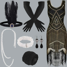 Load image into Gallery viewer, 1920s V-Neck Sequin Beaded Fringed Dress Black Golden XL with 20s Accessorie Set
