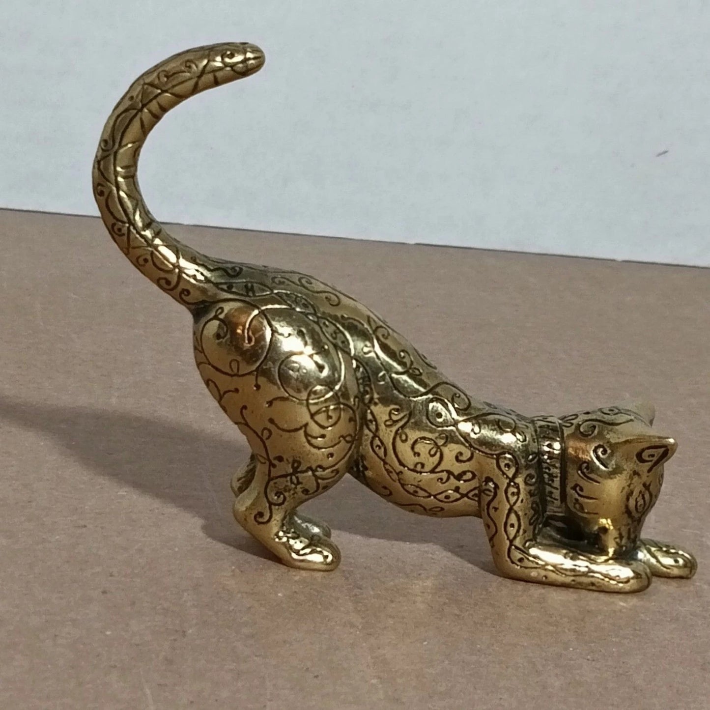 Franklin Mint (Asian) Brass Cat Figurine 1986 Curio Cabinet Cats 4.5"