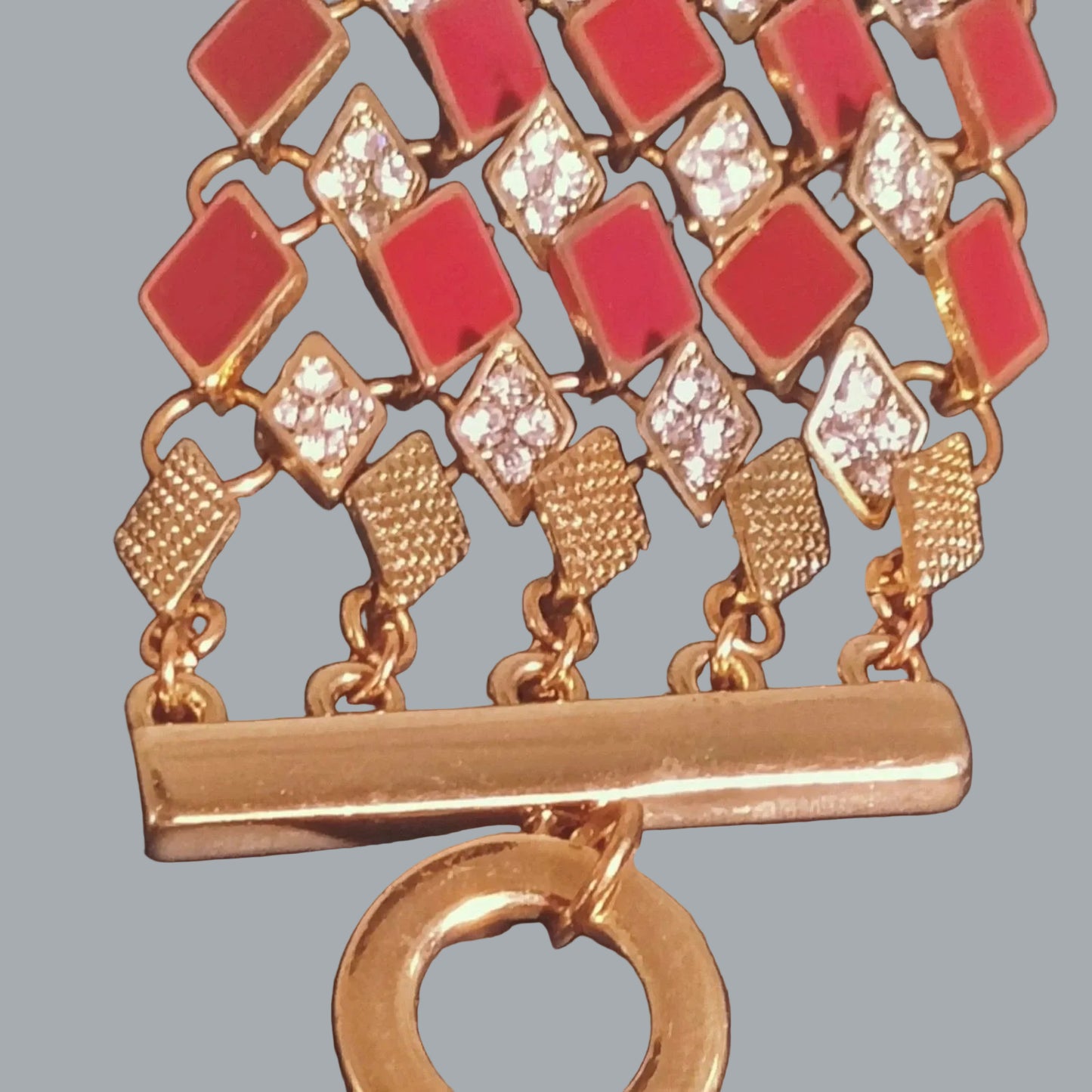 Red Enamel & Rhinestone Gold Tone Art Deco Link Bracelet Wrap Style