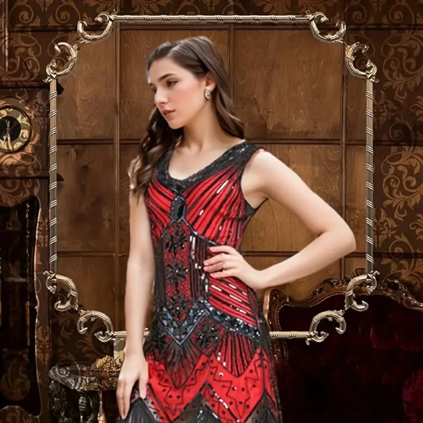 1920s Sequin Beaded V Neck Fringed Dress X-Large Red with 20s Accessories Set