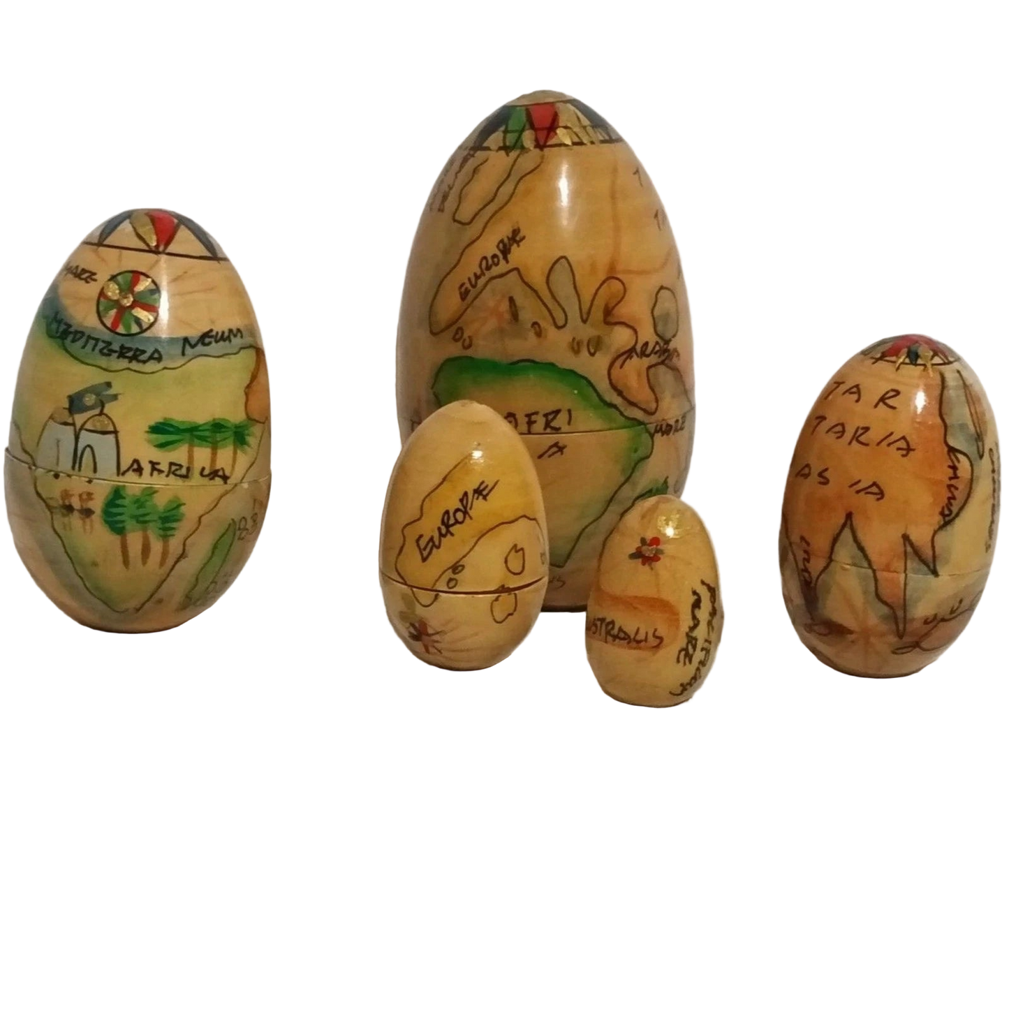 Vintage Wooden Nesting World Map Eggs Set Hand Painted Globe Style 4"