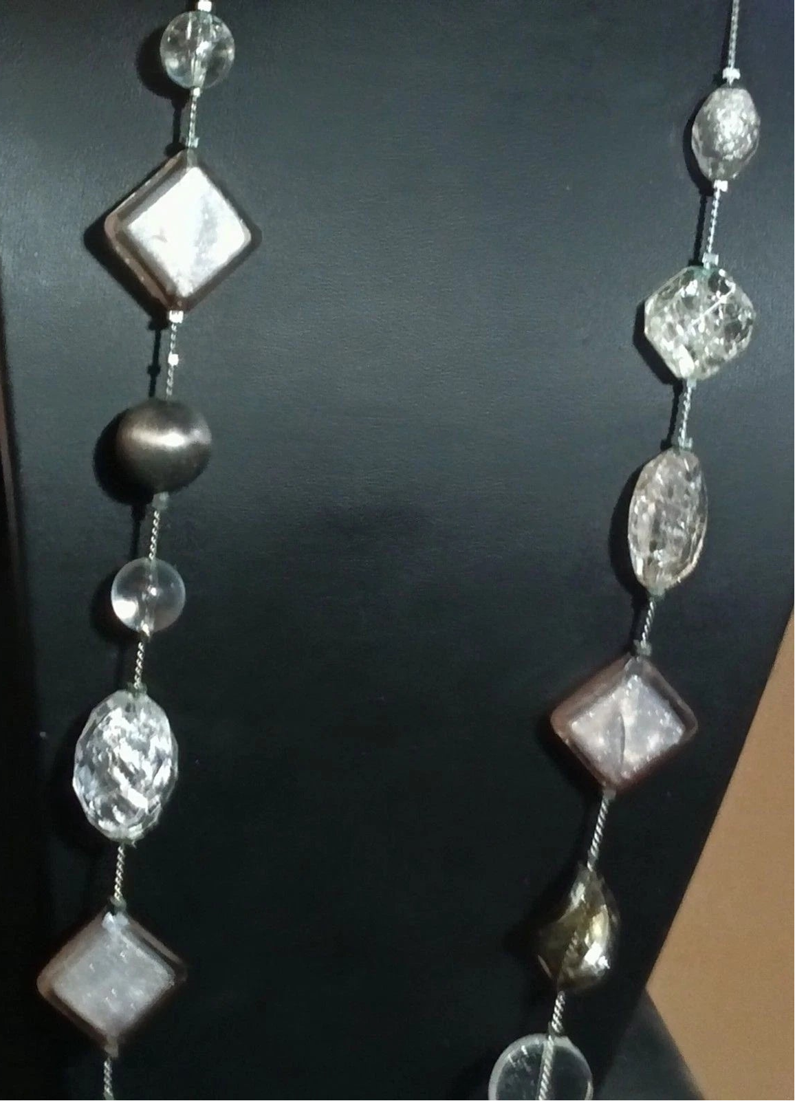 NY Signed Chunky Gray Clear Glass Bead Long Statement Necklace