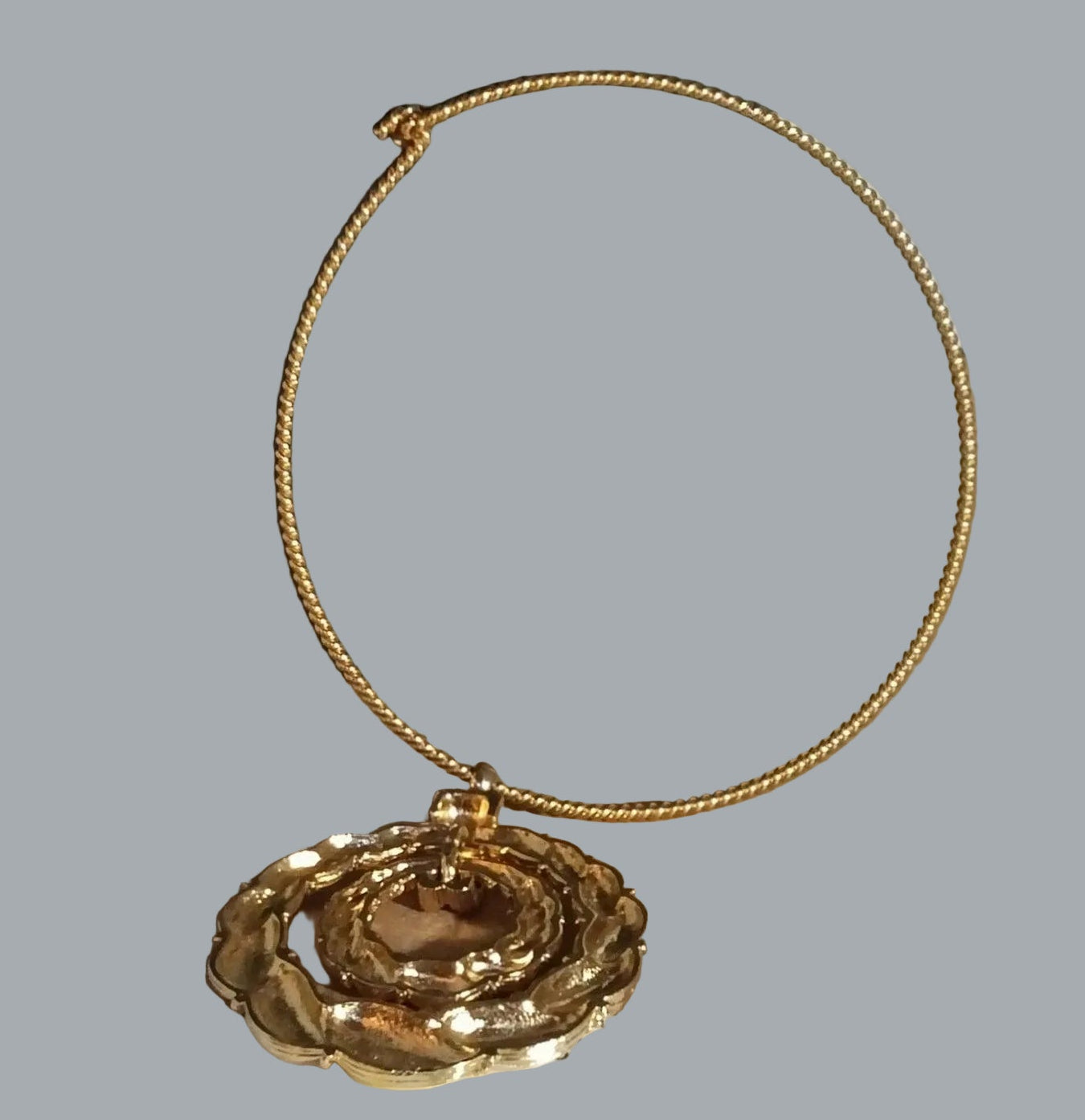 Signed © Napier Goldtone Double Circle Pendant Necklace Textured 2.5” Vintage