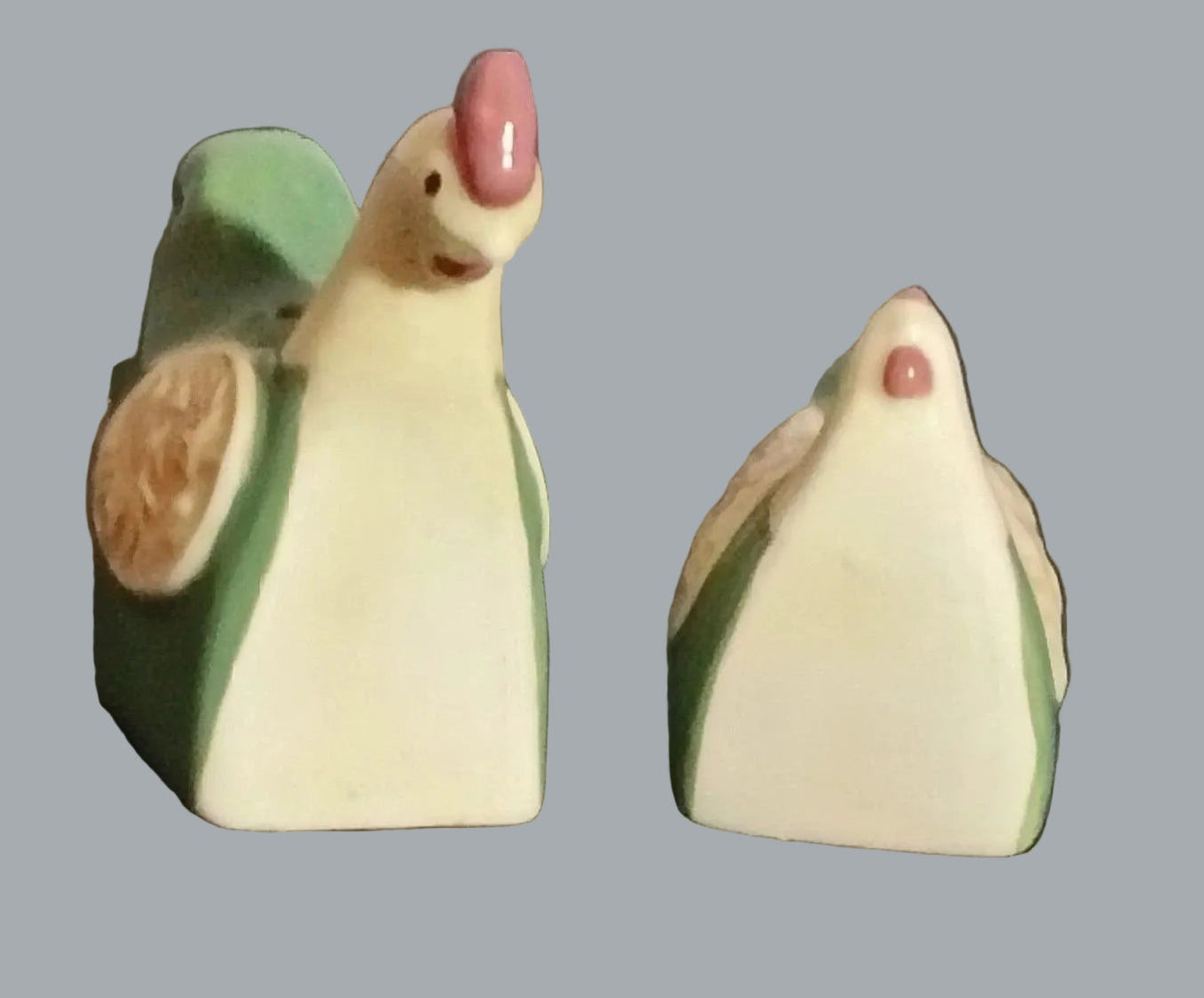 Vintage Snuggling Chicken Salt & Pepper Shakers Plastic Stoppers 3" tall x 4"