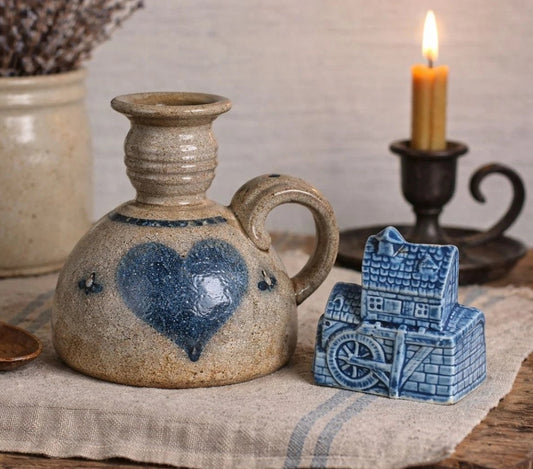 Rustic Blue Farmhouse Decor Set | Rowe Pottery Cruet & Cottage Toothpick Holder