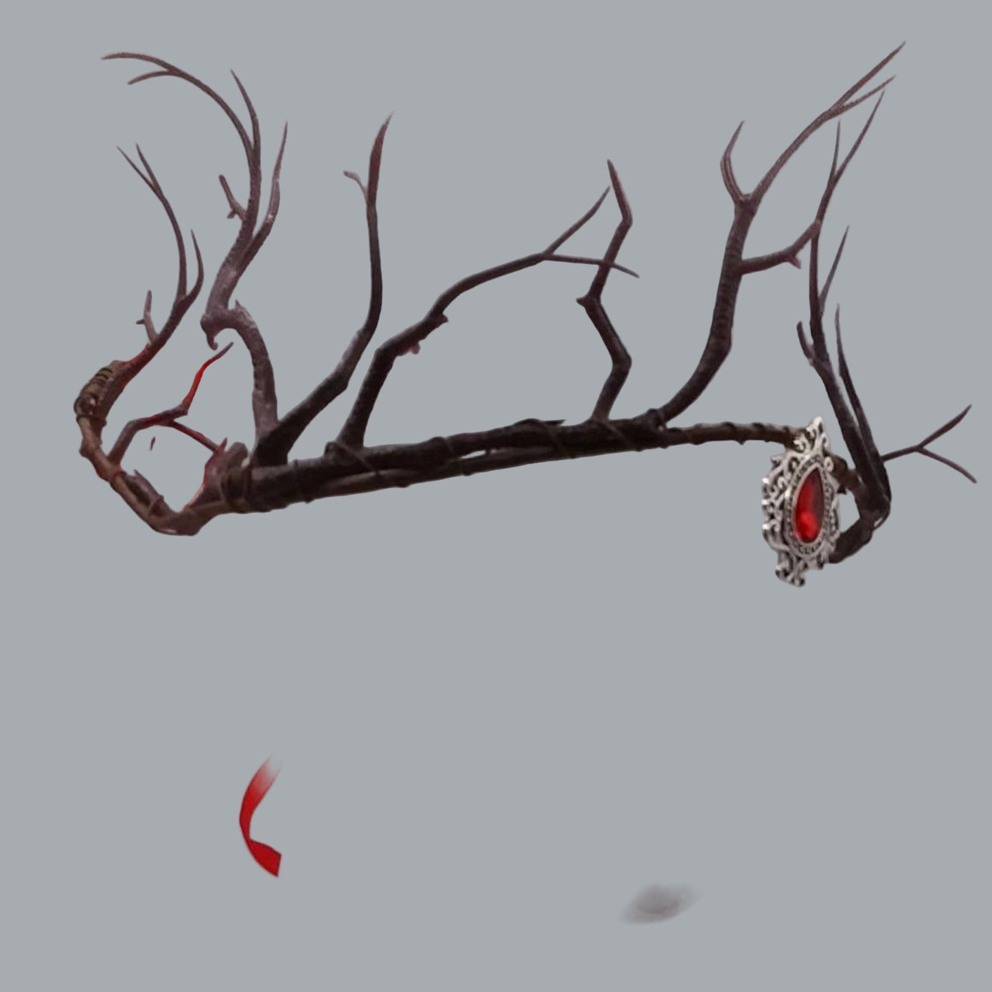 Woodland Antler Crown with Red Gemstone Red Ribbon Ties OSFM