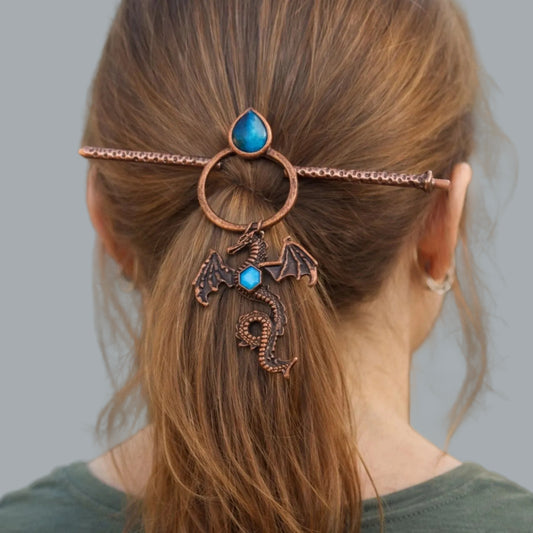 Copper Tone Dragon Hair Stick Pin Blue Stone Accent 5” Cosplay Accessory