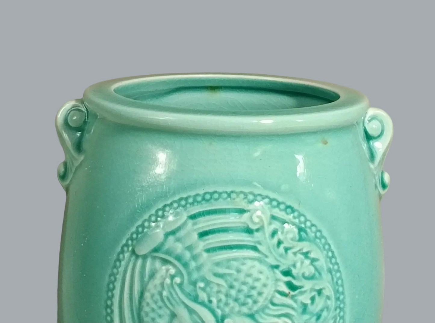 Vintage Celadon Dragon Phoenix Vase Crackle Glaze 5" Turquoise