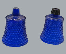 Load image into Gallery viewer, Pair of Vintage Brass Candlestick Holders &amp; Blue Hobnail Glass Hurricane Shades
