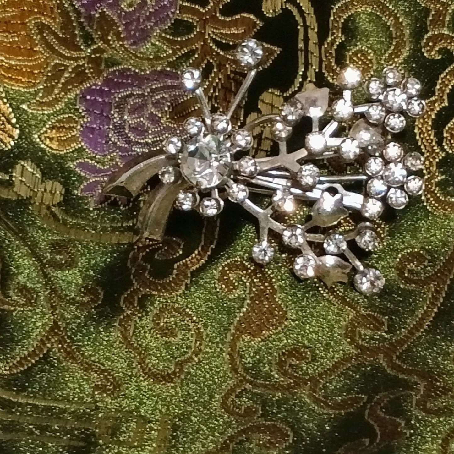 Vintage Rhinestone Floral Spray Brooch Silver Tone 2.25 x 1.75 in