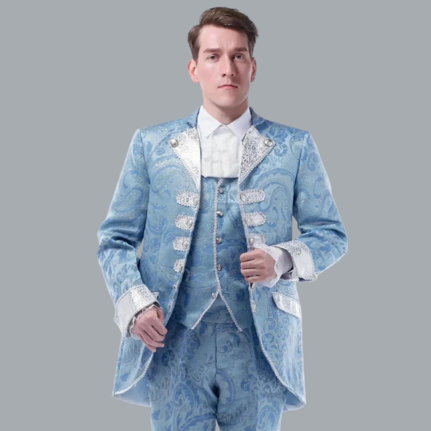 Men's Rococo Court Suit Light Blue Elegant 3PC Tailcoat Vest Pants Set 46-48