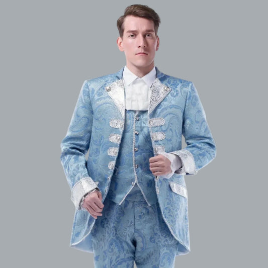 Men's Rococo Court Suit Light Blue Elegant 3PC Tailcoat Vest Pants Set 46-48
