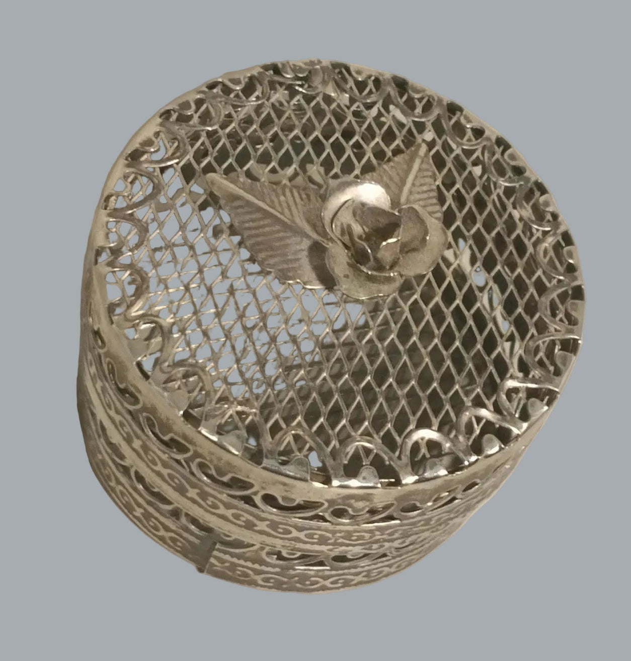Vintage Silver Filigree Pomander Potpourri Box Rose Lid Incense 2.5"