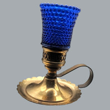 Load image into Gallery viewer, Pair of Vintage Brass Candlestick Holders &amp; Blue Hobnail Glass Hurricane Shades
