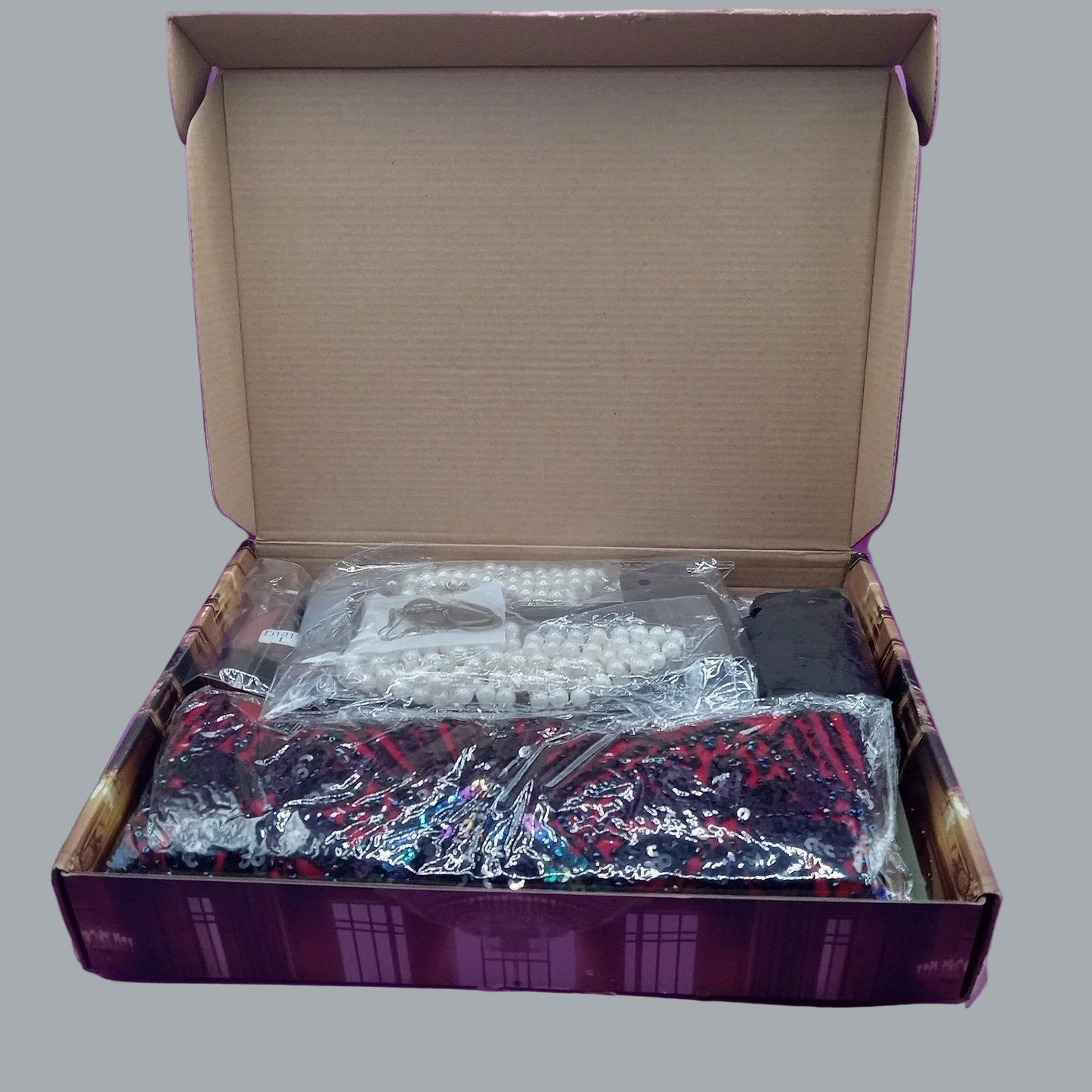 1920s Sequin Beaded V Neck Fringed Dress X-Large Red with 20s Accessories Set