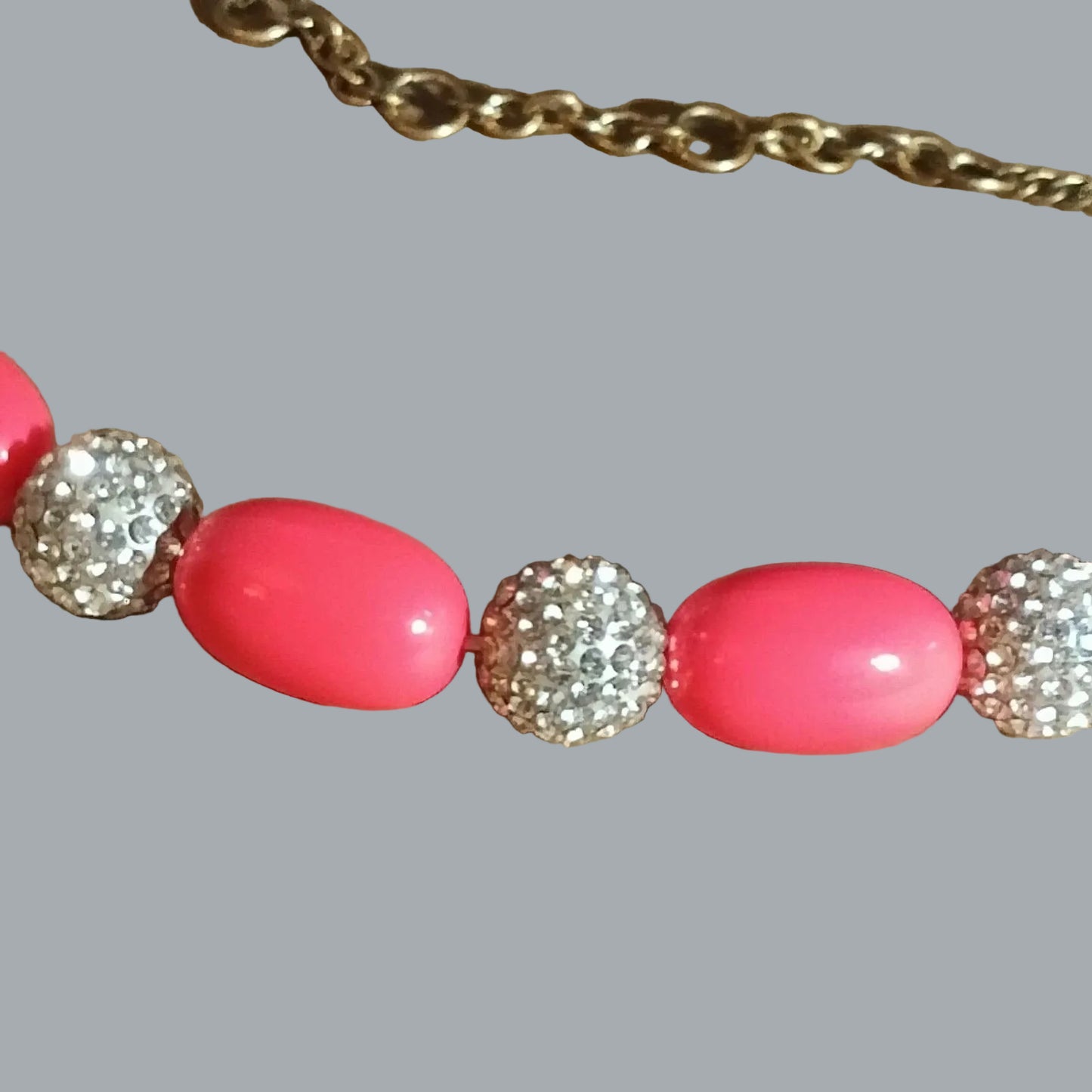 Hot Pink Bead & Rhinestone Ball Necklace 24" Gold Tone Chain Statement