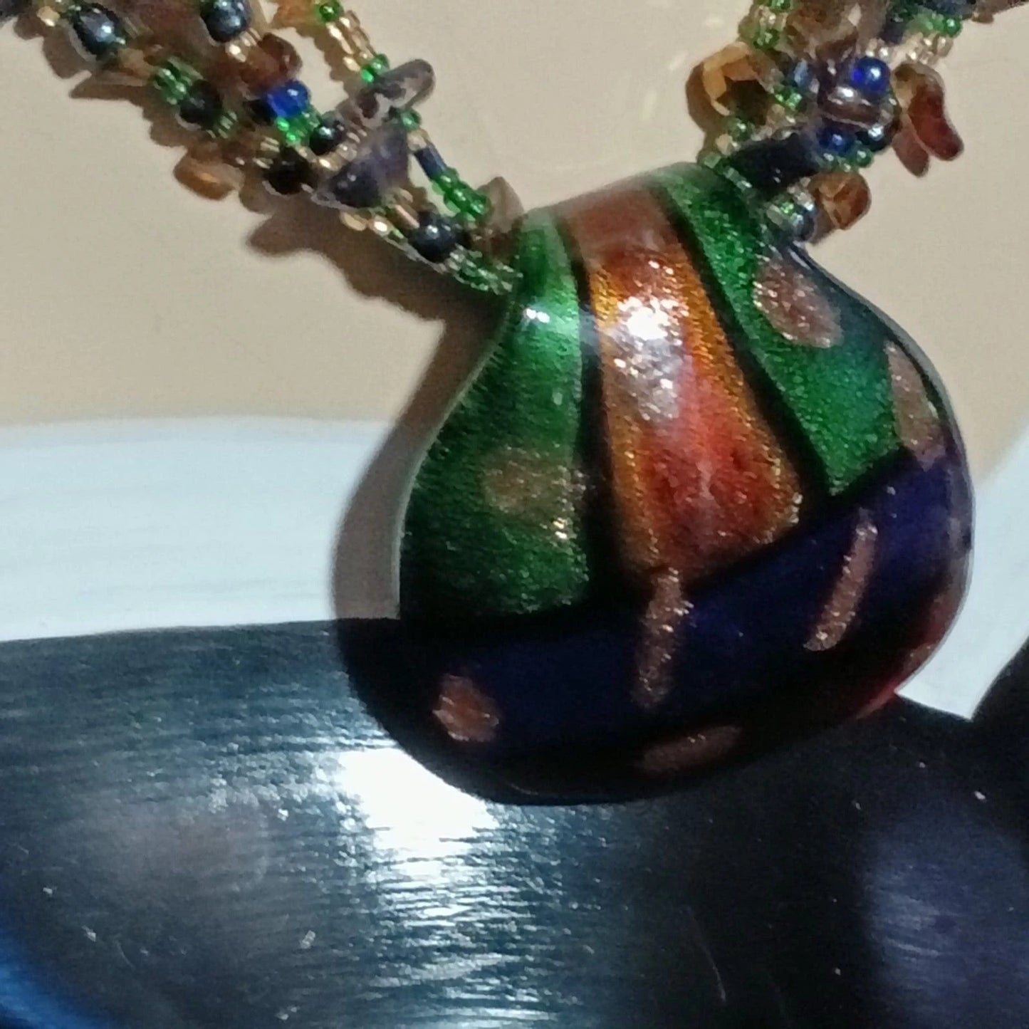 Boho Multistrand Beaded Art Glass Pendant Necklace Statement