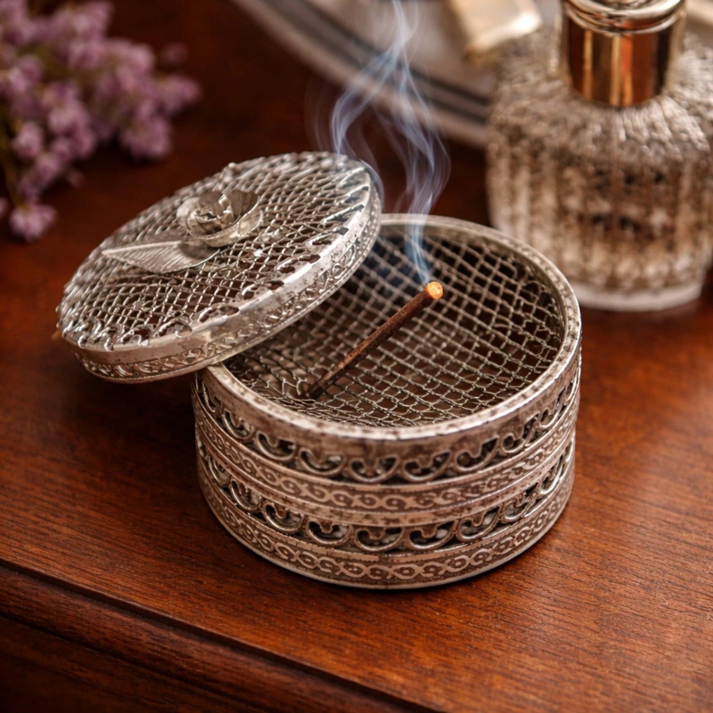 Vintage Silver Filigree Pomander Potpourri Box Rose Lid Incense 2.5"