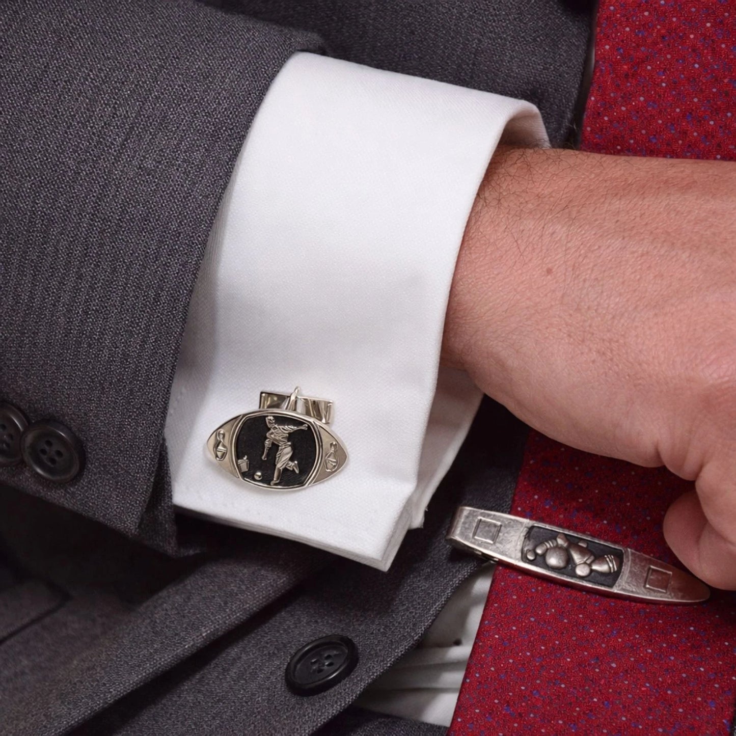 Vintage Towncraft Bowling Cufflinks & Tie Bar Set w/ Box Mid Century